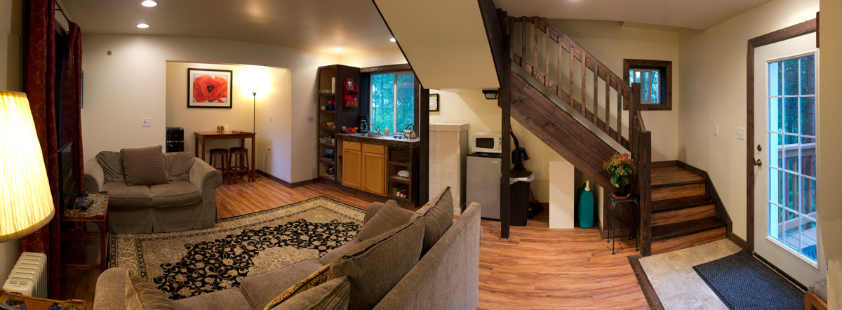 the decor includes natural wood and earth-tones