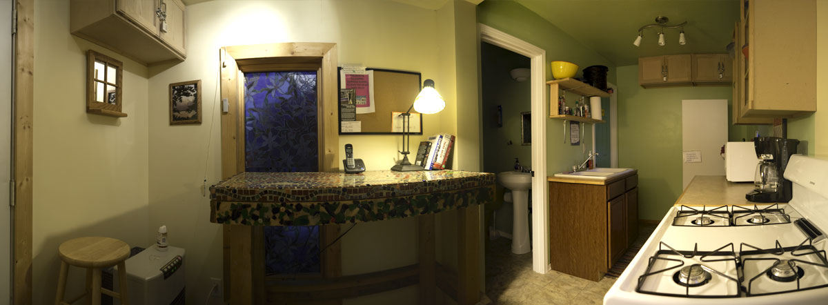The full kitchen and bathroom for guests staying in the yurt